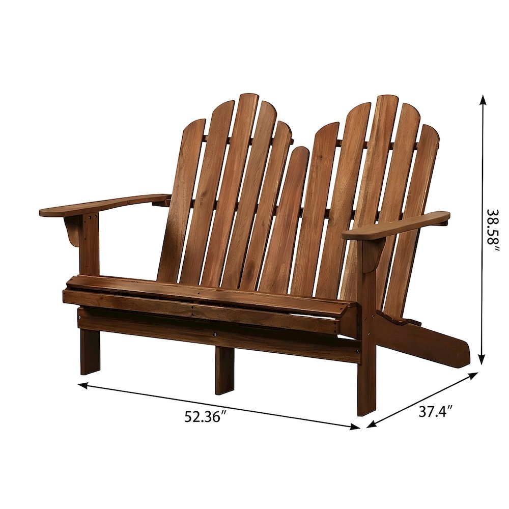 Solid Acacia Wood Adirondack Double Bench with Armrests for Patio, Brown