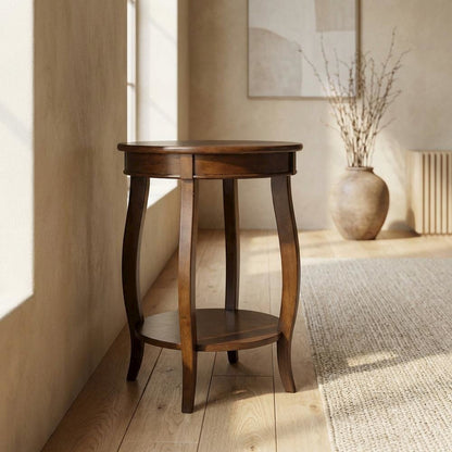 Hazelnut Round Accent Table with Shelf for Living Room or Bedroom