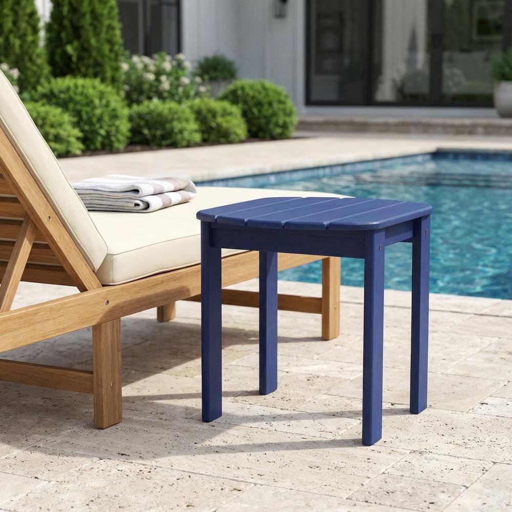 Outdoor End Table In Blue, Acacia Wood Finish, Durable Solid Wood Construction