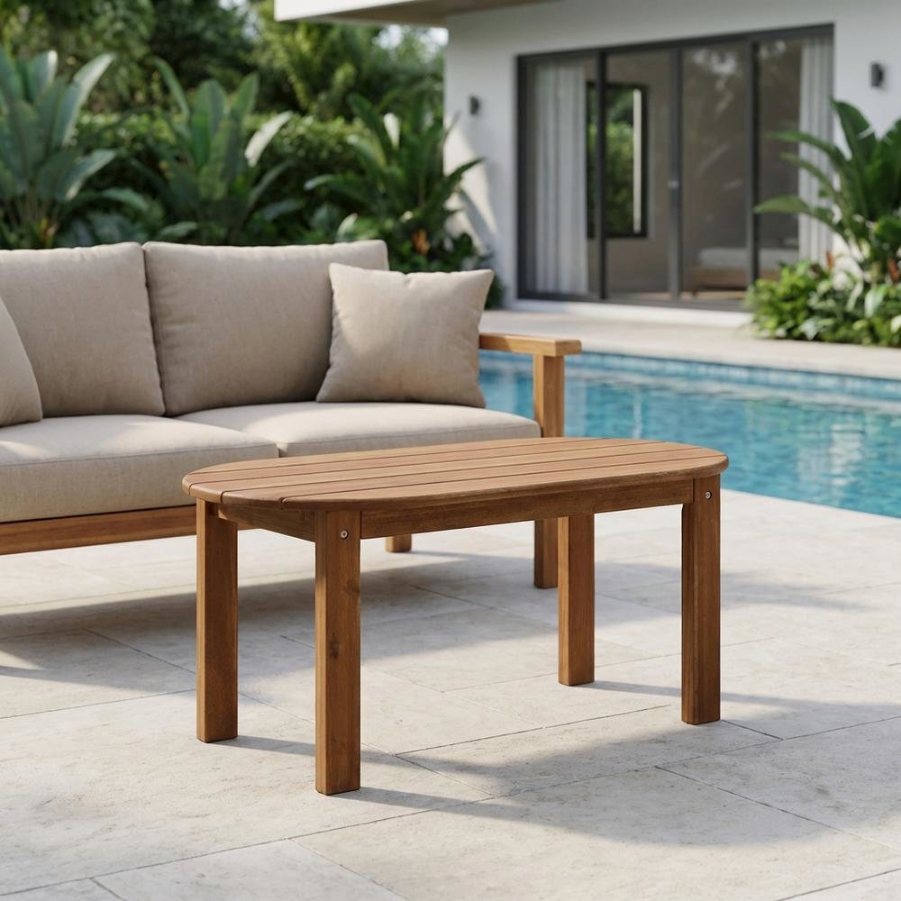 Brown Acacia Wood Outdoor Coffee Table With Solid Construction And Slim Profile