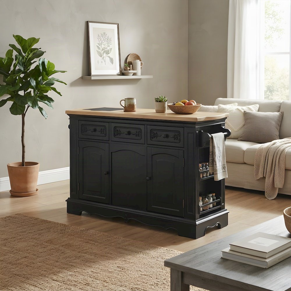 Acacia Butcher Block Kitchen Island with Storage and Drawers, Black