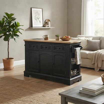 Acacia Butcher Block Kitchen Island with Storage and Drawers, Black