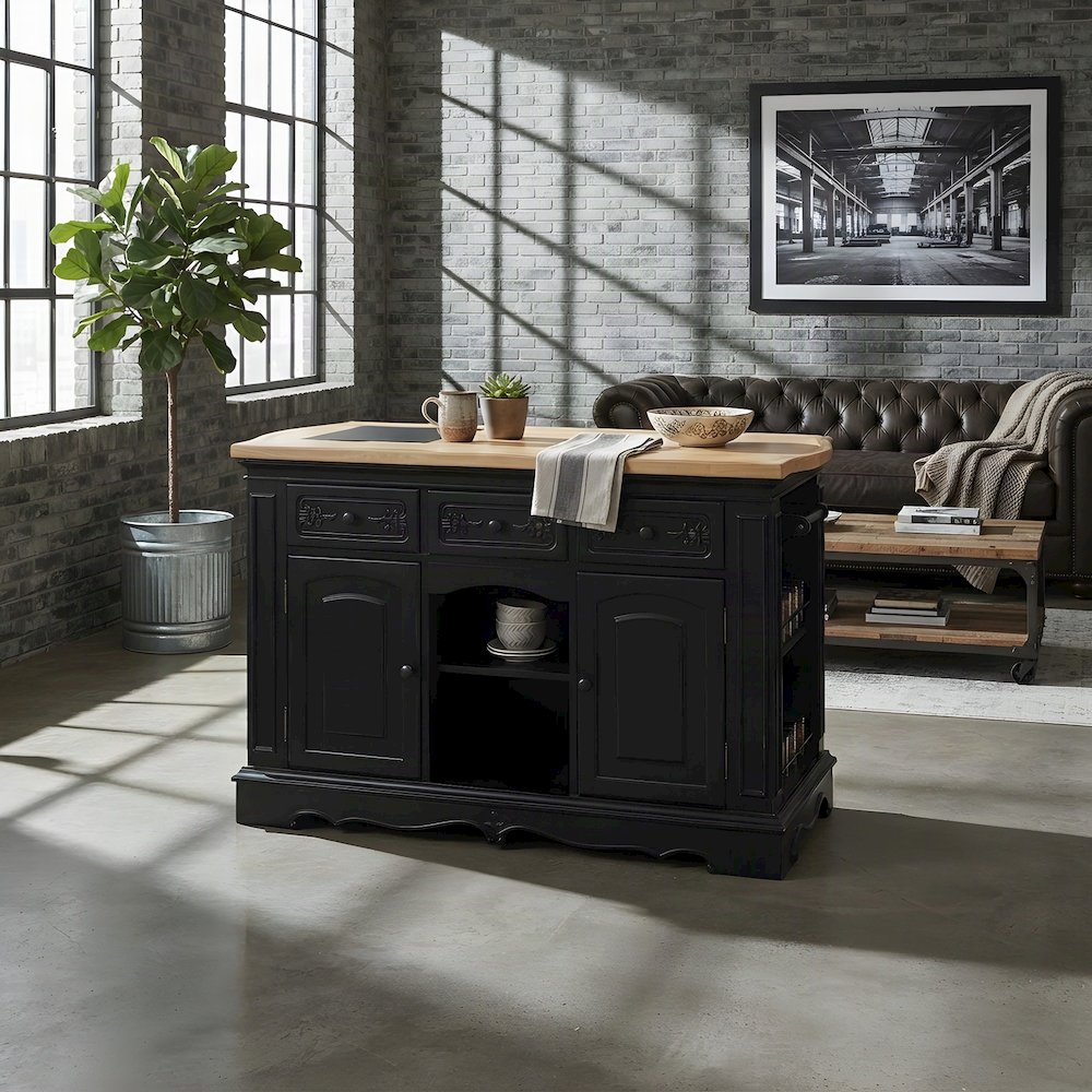 Acacia Butcher Block Kitchen Island with Storage and Drawers, Black