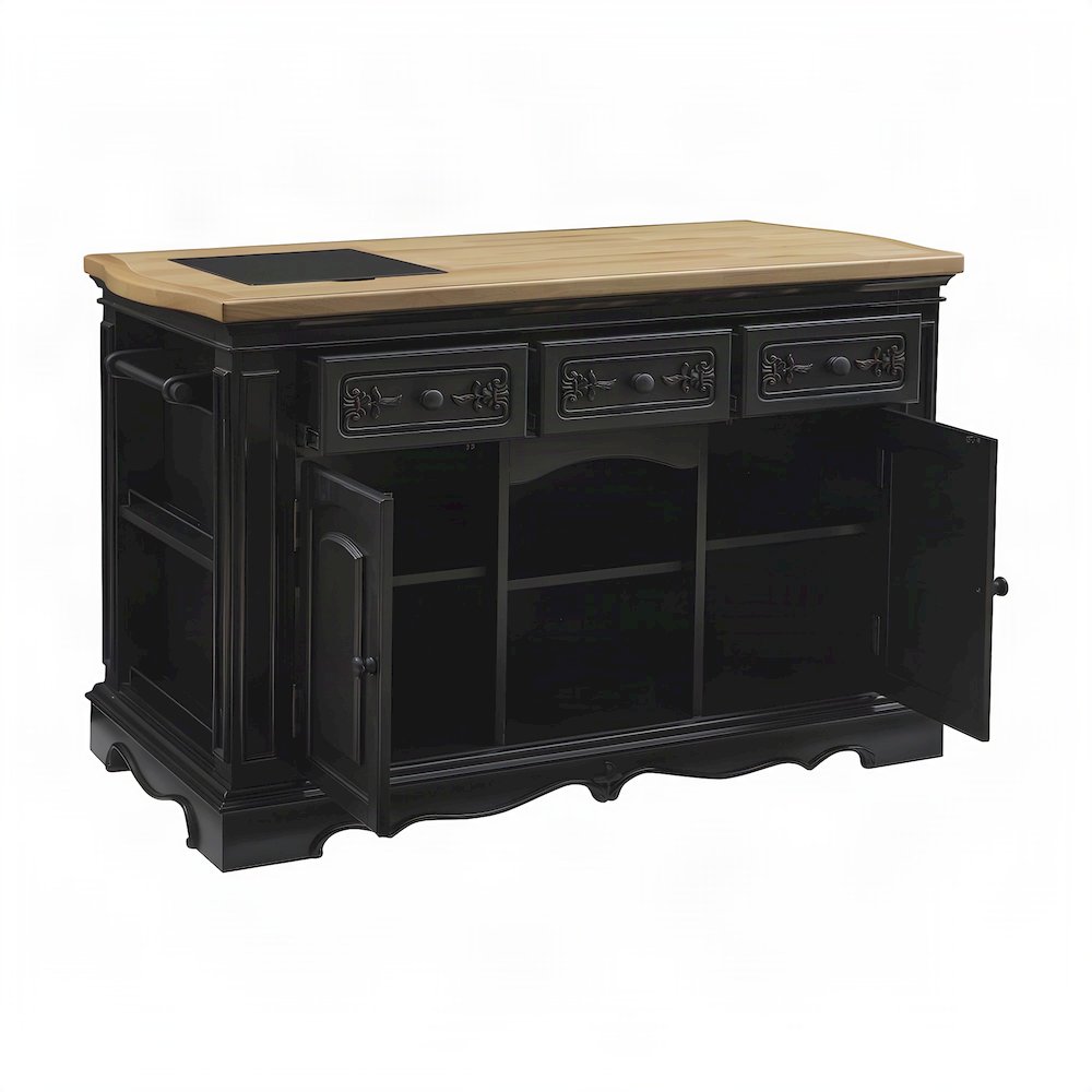 Acacia Butcher Block Kitchen Island with Storage and Drawers, Black