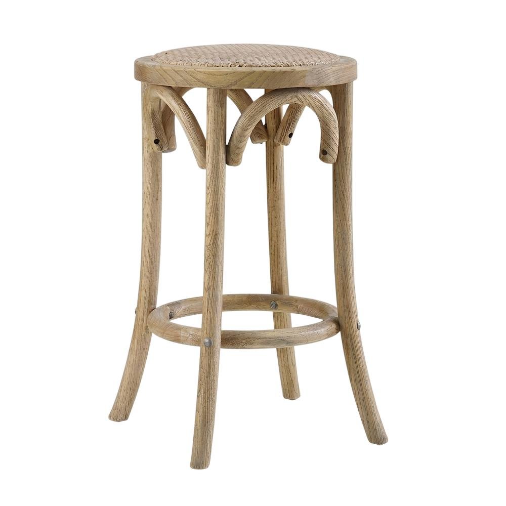 Elm Wood Counter Stool with Rattan Seat Backless Design, Brown Finish