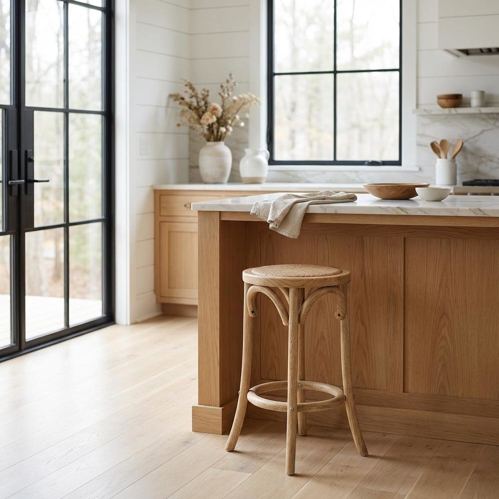 Elm Wood Counter Stool with Rattan Seat Backless Design, Brown Finish