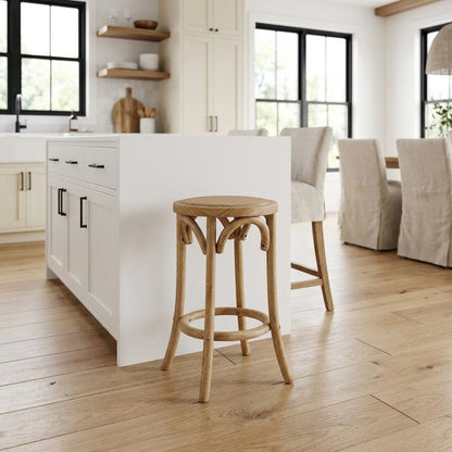 Elm Wood Counter Stool with Rattan Seat Backless Design, Brown Finish