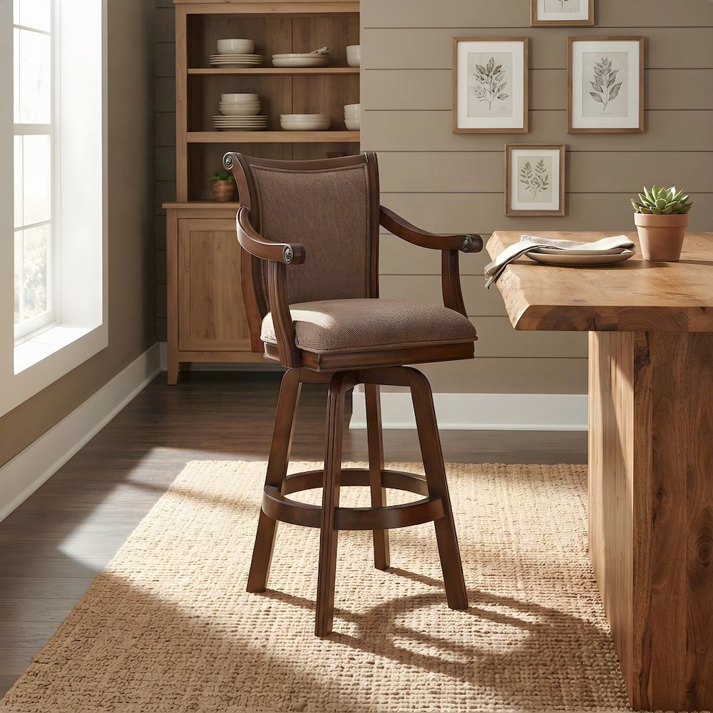 Rubberwood Swivel Bar Stool with Arms, Back, Cushion, Cherry