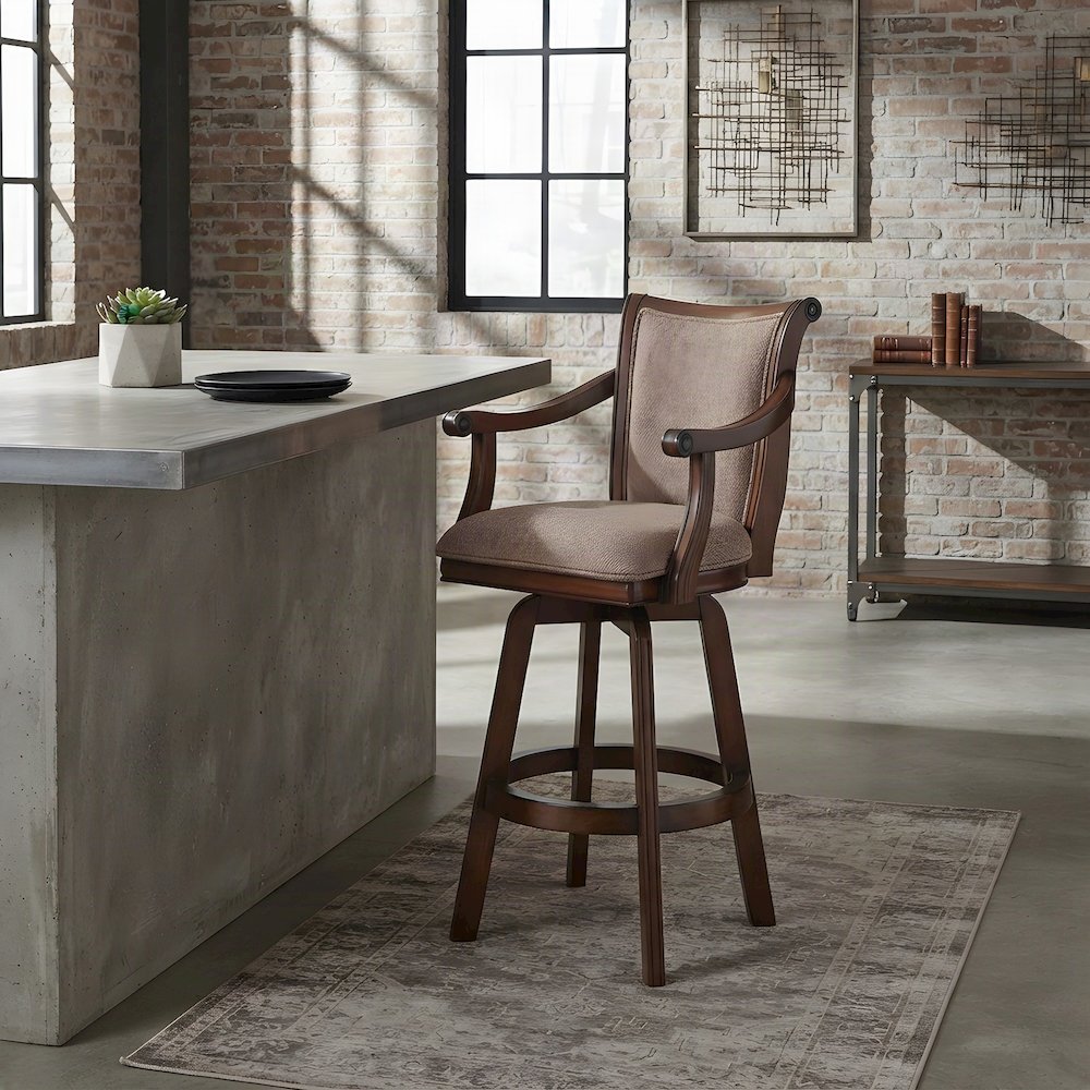 Rubberwood Swivel Bar Stool with Arms, Back, Cushion, Cherry