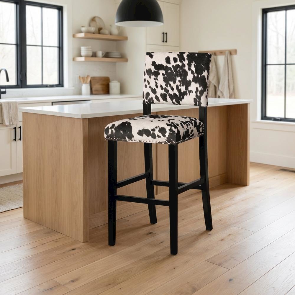Black Cow Print Bar Stool with Foam Cushion and Hardwood Frame