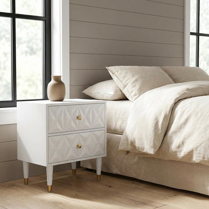 White nightstand with geometric textured surface and versatile storage