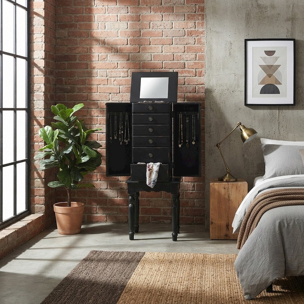 FurniFact Jewelry Armoire with Mirrored Door, Black