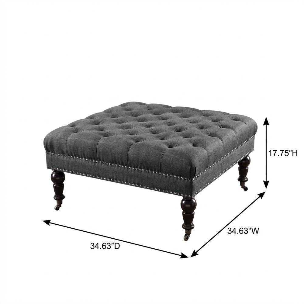 Charcoal Square Tufted Ottoman with Fabric Upholstery and Metal Casters