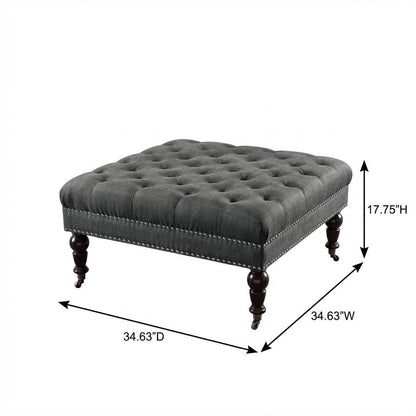 Charcoal Square Tufted Ottoman with Fabric Upholstery and Metal Casters