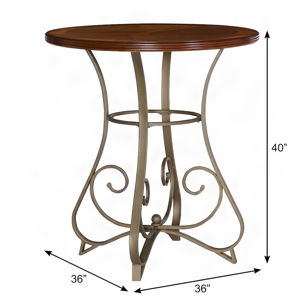 FurniFact Pub Table with Scroll-Designed Steel Base and MDF Top, Cherry