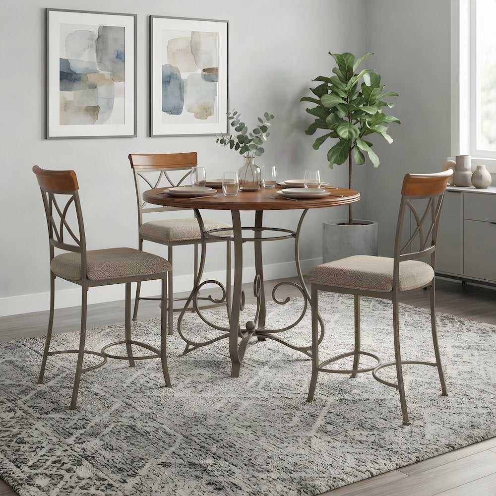 Steel and Wood Pub Dining Table with Diamond-Patterned Chairs, 5 Piece Set