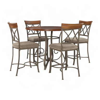 Steel and Wood Pub Dining Table with Diamond-Patterned Chairs, 5 Piece Set