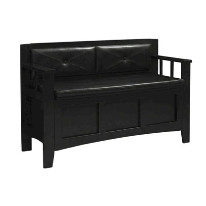Padded Bench in Black Faux Leather with Wooden Frame and Cushioned Seat