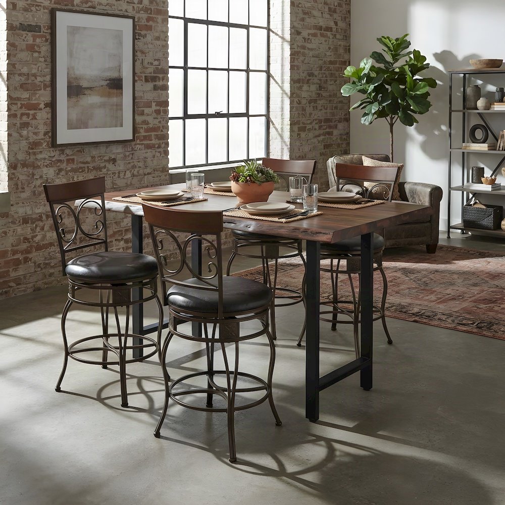 Faux Leather Counter Stool with Scroll Back, Heavy Duty with Back, Brown