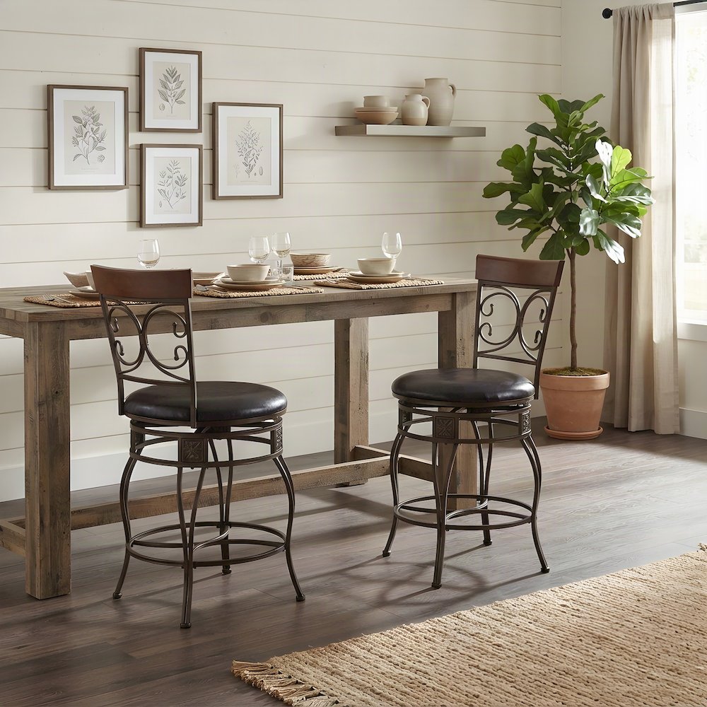 Faux Leather Counter Stool with Scroll Back, Heavy Duty with Back, Brown