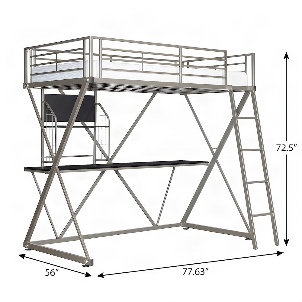 FurniFact Twin Loft Bed with Study Desk and Tubular Steel Frame, Pewter
