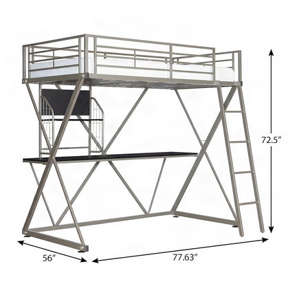 FurniFact Twin Loft Bed with Study Desk and Tubular Steel Frame, Pewter