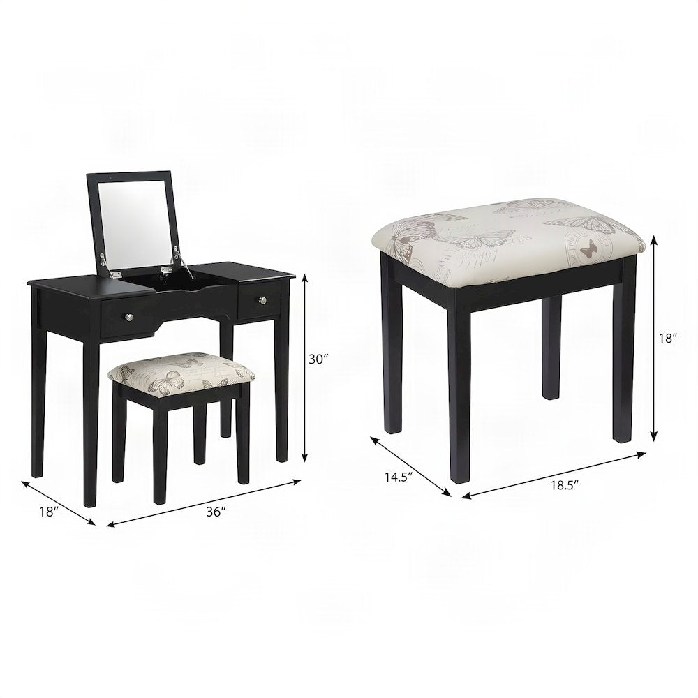 FurniFact Vanity Set with Flip-Top Mirror, Two Drawers and Stool, Black