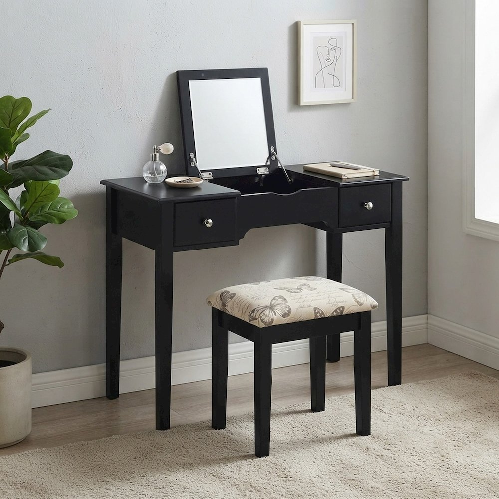 FurniFact Vanity Set with Flip-Top Mirror, Two Drawers and Stool, Black