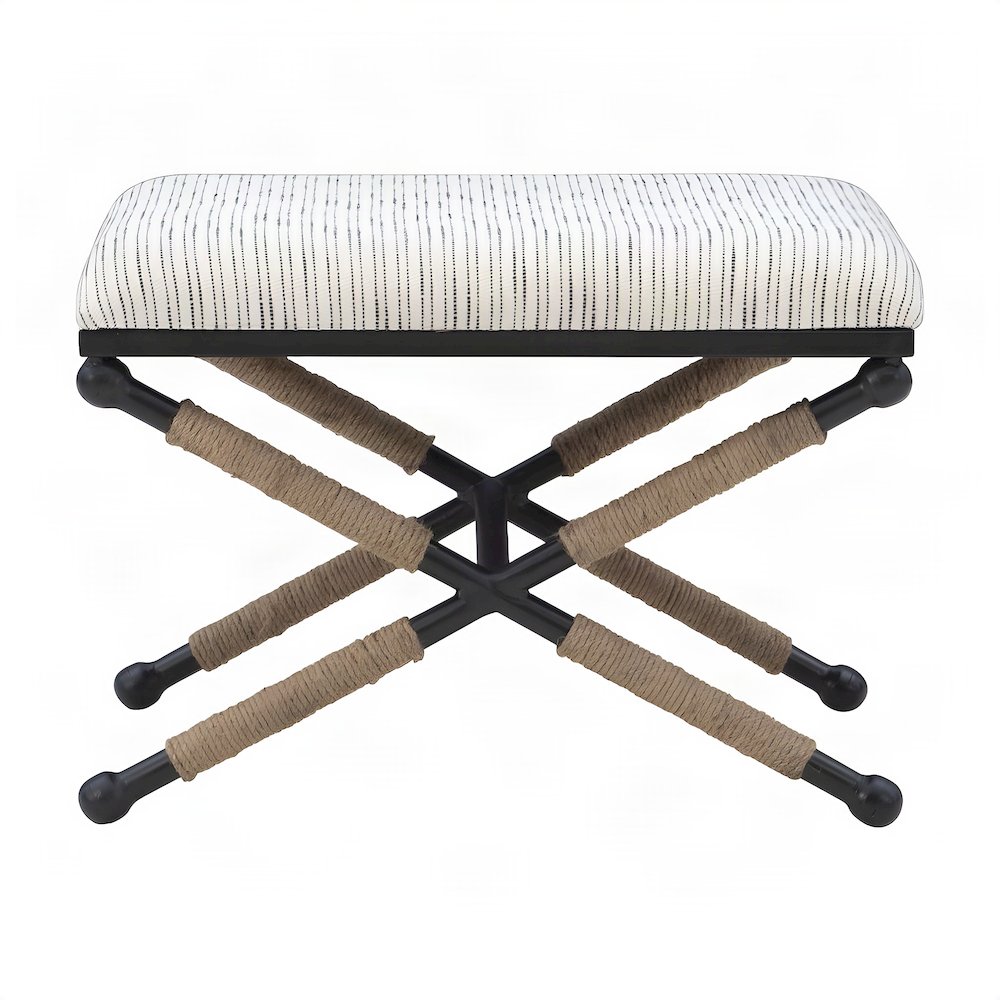 Cotton-Upholstered Woven-Stripe Ottoman Footstool with Iron Base, Beige