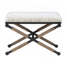 Cotton-Upholstered Woven-Stripe Ottoman Footstool with Iron Base, Beige
