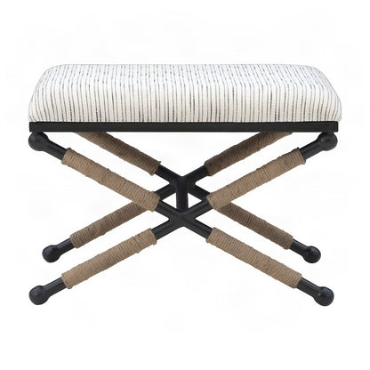 Cotton-Upholstered Woven-Stripe Ottoman Footstool with Iron Base, Beige