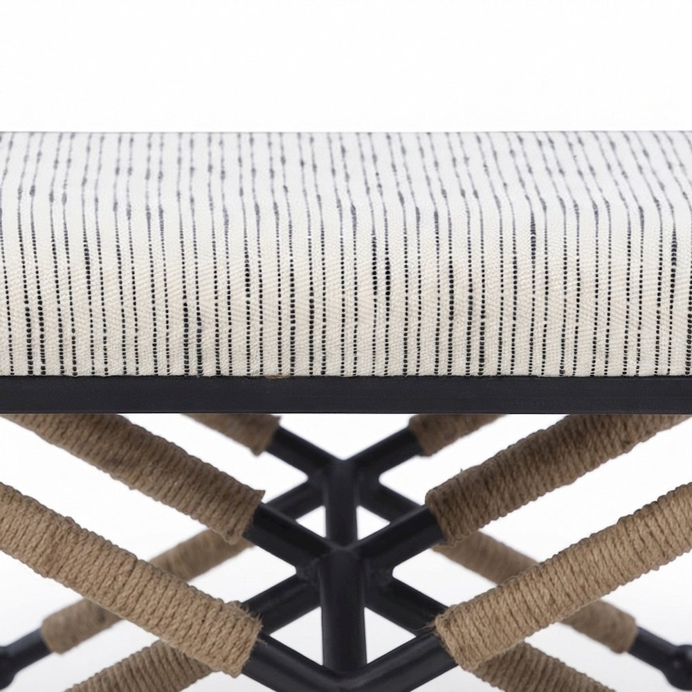 Cotton-Upholstered Woven-Stripe Ottoman Footstool with Iron Base, Beige