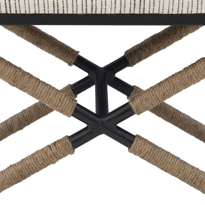 Cotton-Upholstered Woven-Stripe Ottoman Footstool with Iron Base, Beige