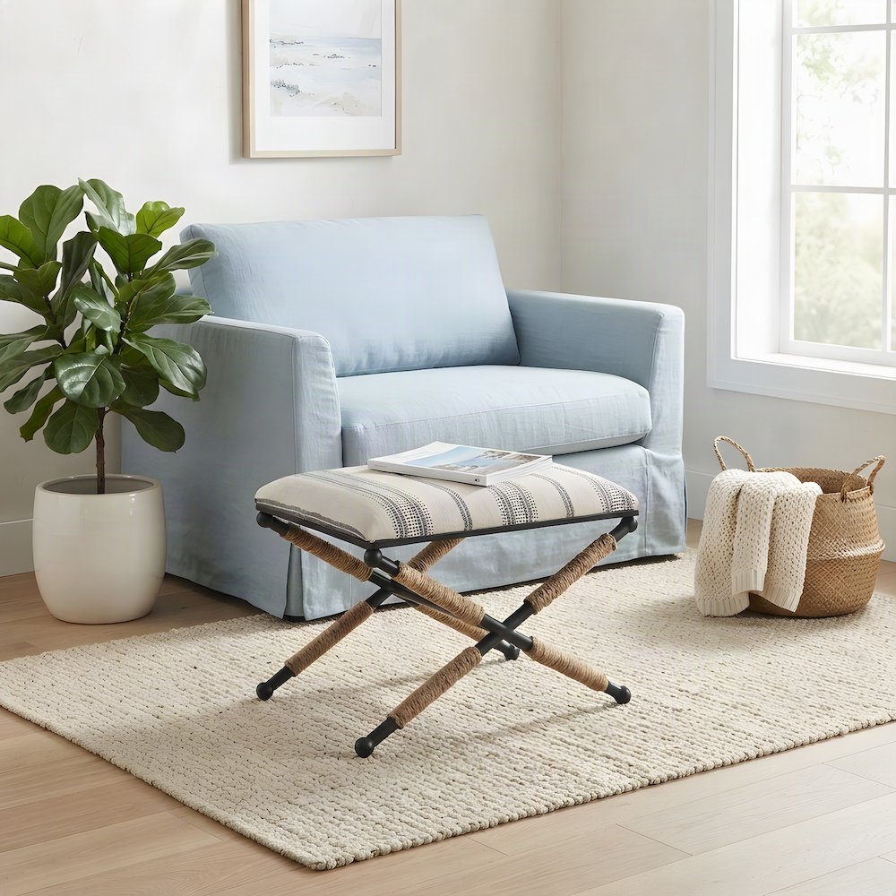 Woven Fabric-Upholstered Ottoman Bench with Iron X-Base Foot Stool, Beige