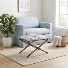 Woven Fabric-Upholstered Ottoman Bench with Iron X-Base Foot Stool, Beige