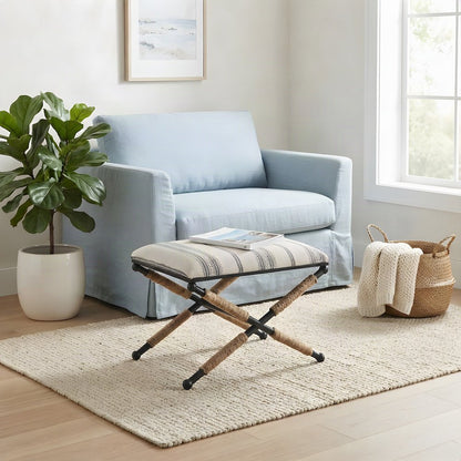 Woven Fabric-Upholstered Ottoman Bench with Iron X-Base Foot Stool, Beige
