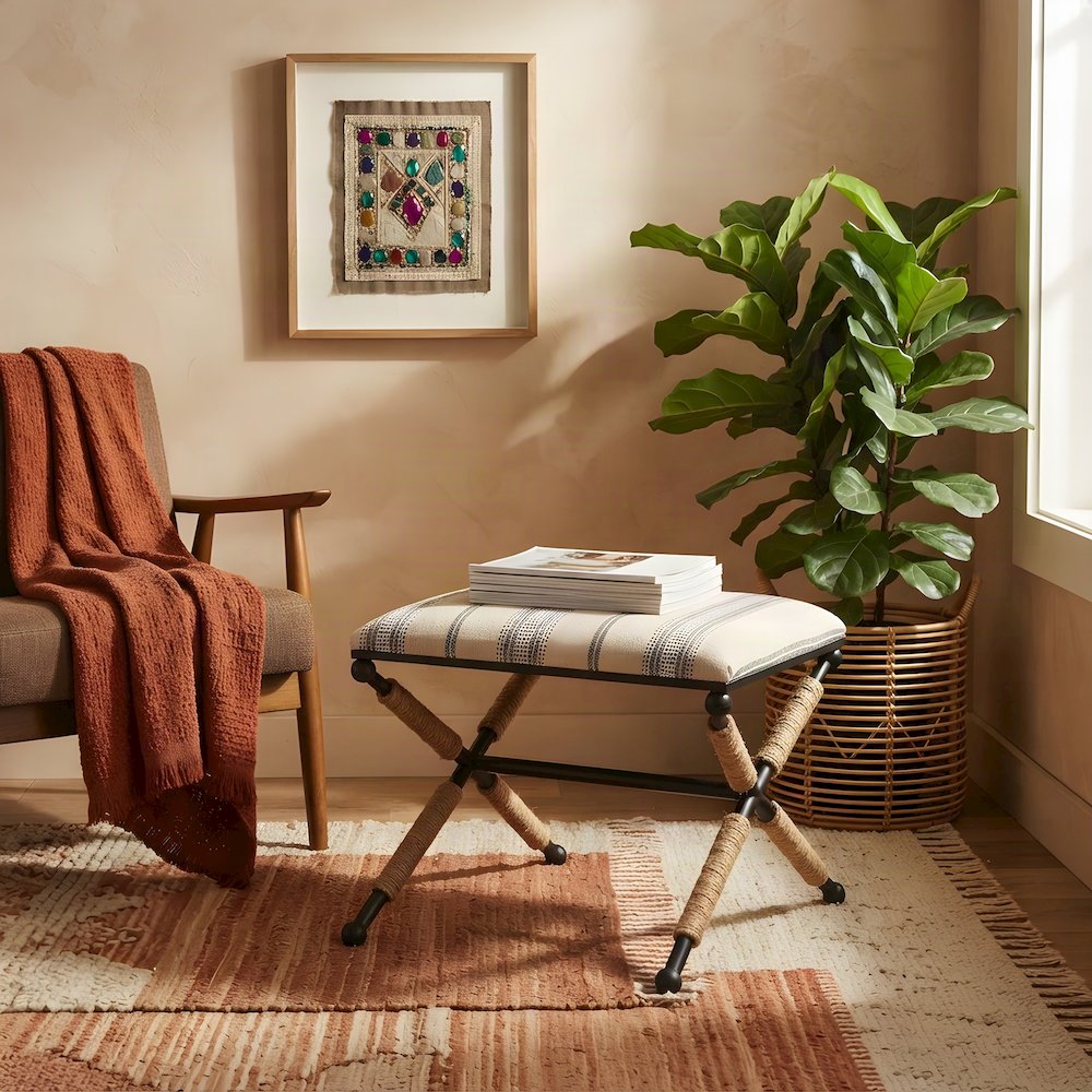 Woven Fabric-Upholstered Ottoman Bench with Iron X-Base Foot Stool, Beige