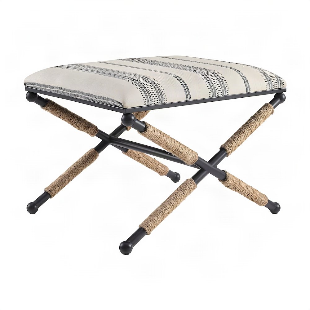 Woven Fabric-Upholstered Ottoman Bench with Iron X-Base Foot Stool, Beige