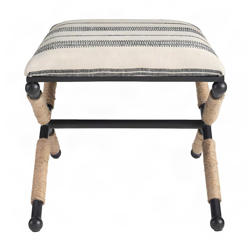Woven Fabric-Upholstered Ottoman Bench with Iron X-Base Foot Stool, Beige