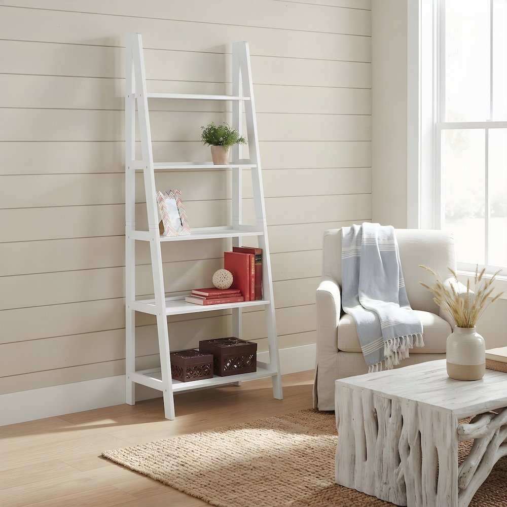 Wood Ladder Bookcase with Five Shelves, Tall Bookshelf, White
