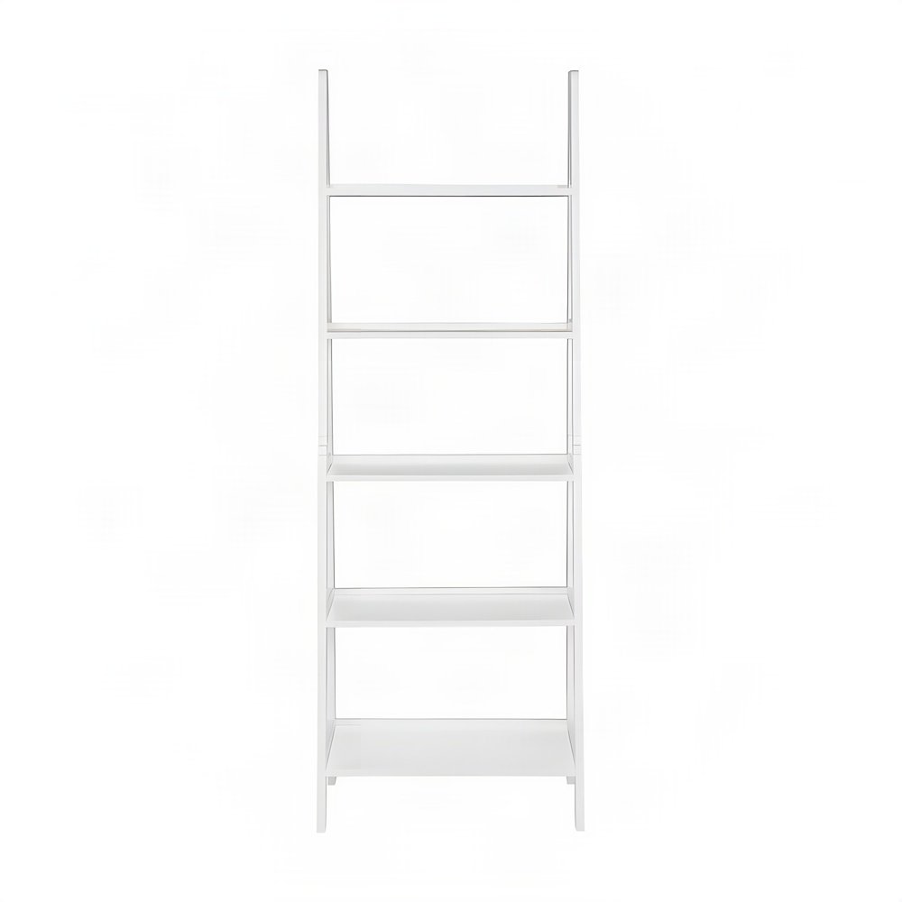 Wood Ladder Bookcase with Five Shelves, Tall Bookshelf, White