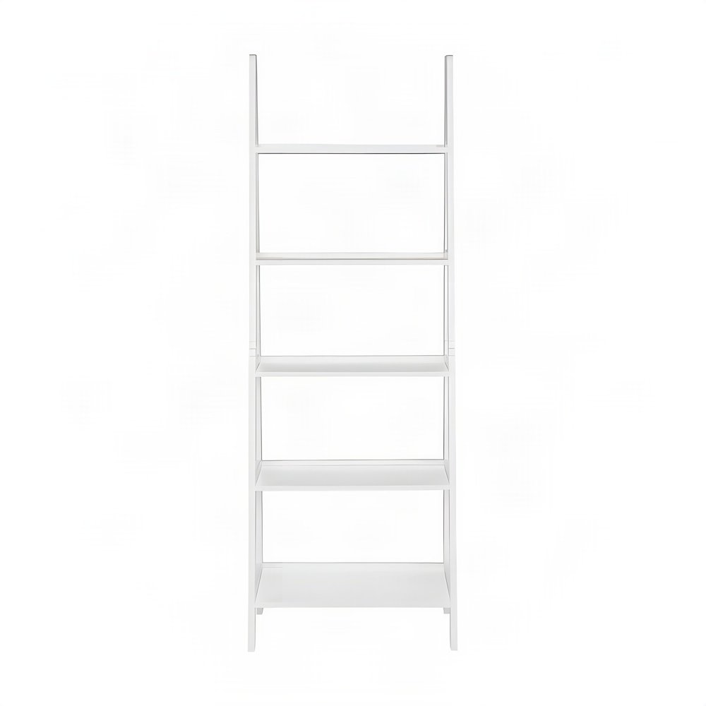 Wood Ladder Bookcase with Five Shelves, Tall Bookshelf, White