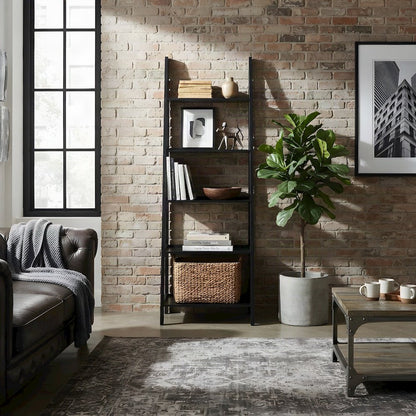 Wood Ladder Bookcase with Five Shelves, Tall Bookshelf, Black