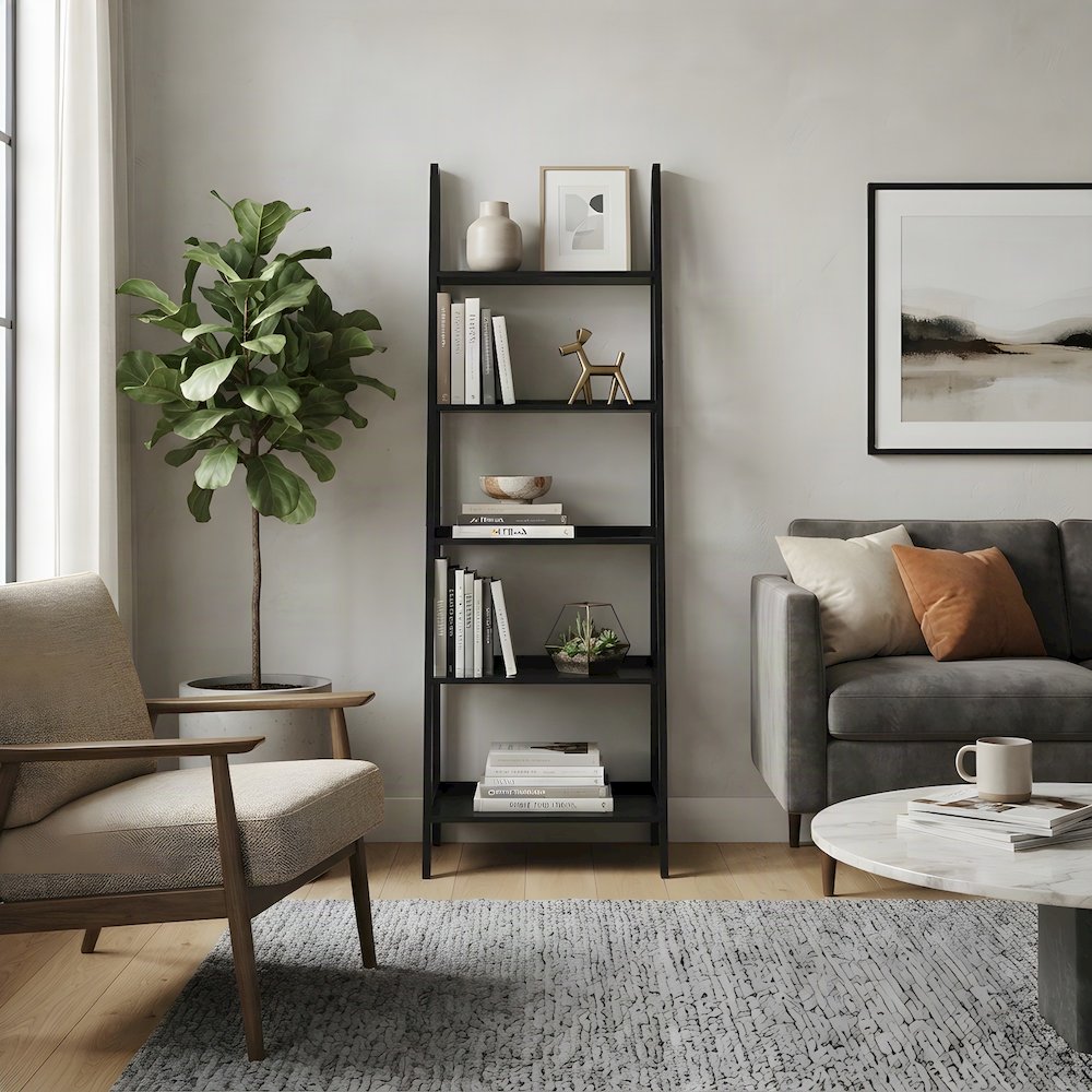 Wood Ladder Bookcase with Five Shelves, Tall Bookshelf, Black