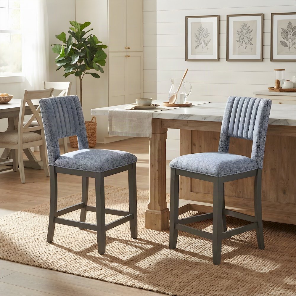 Fabric Upholstered Counter Stools with Padded Back, Set of 2, Grey