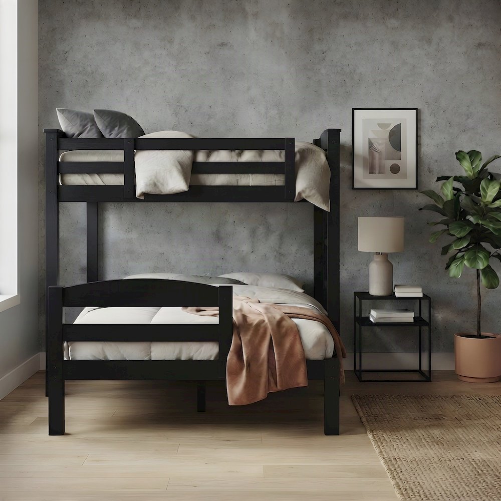 Pine Wood Twin over Full Bunk Bed with Built-In Ladder for Kids, Black