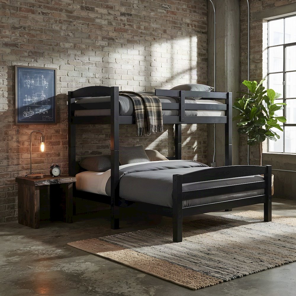 Pine Wood Twin over Full Bunk Bed with Built-In Ladder for Kids, Black