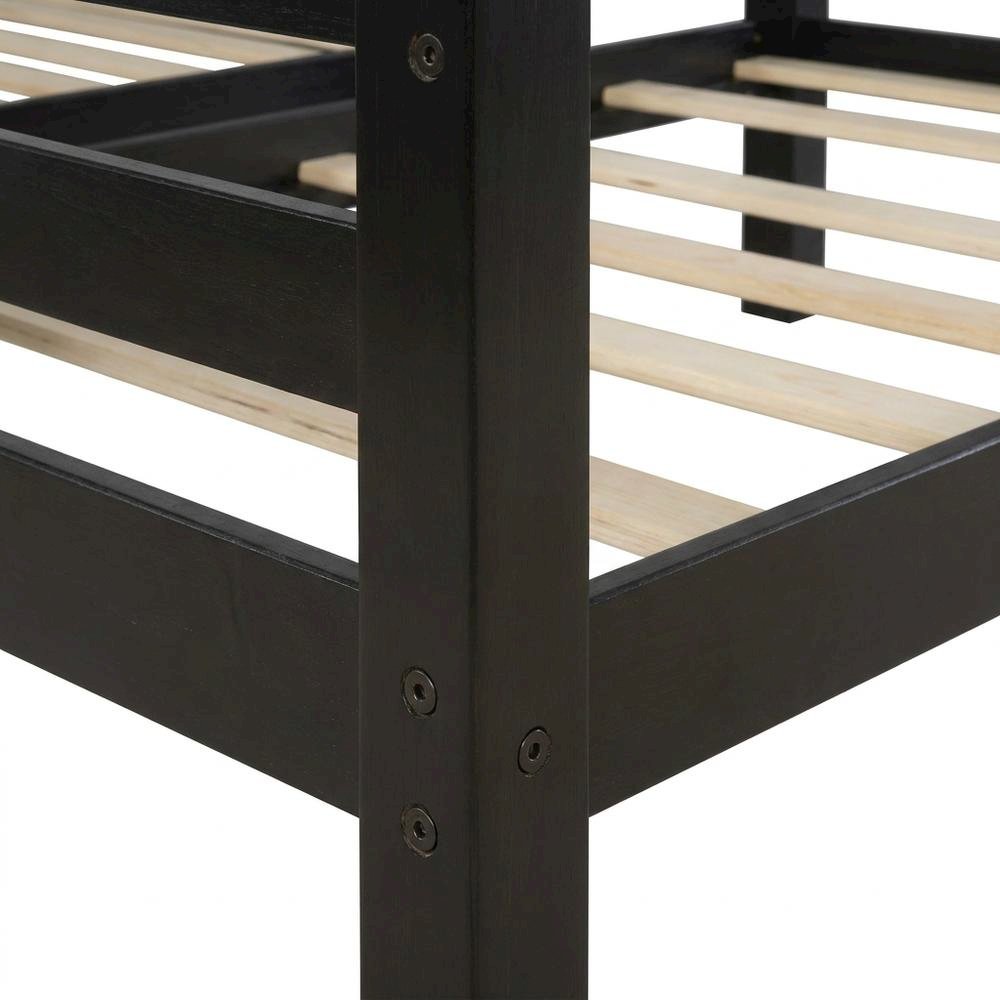 Pine Wood Twin over Full Bunk Bed with Built-In Ladder for Kids, Black