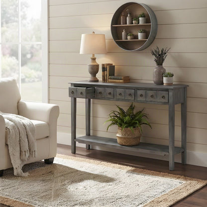 Rubberwood Console Table with Drawers and Open Shelf for Entryway, Grey