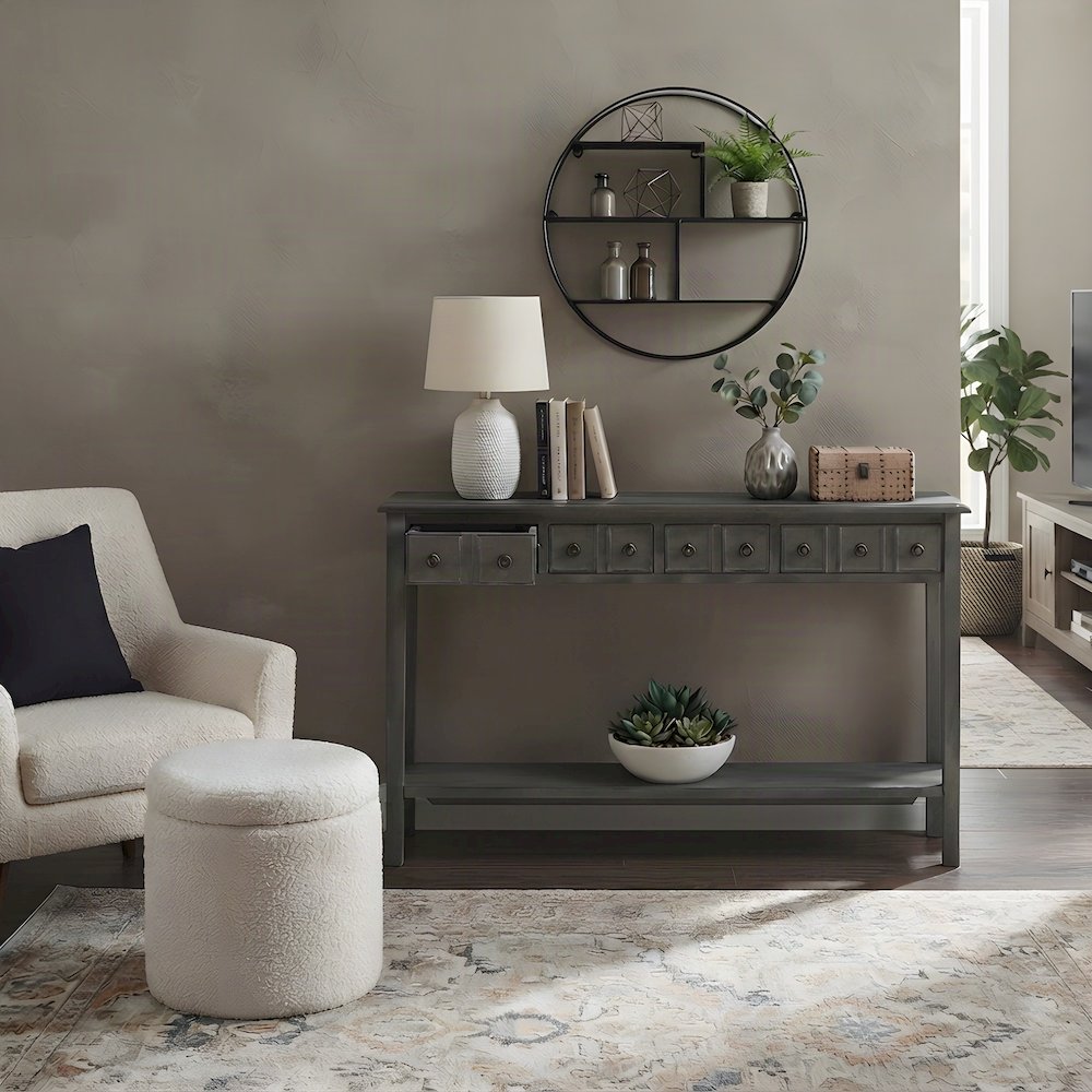 Rubberwood Console Table with Drawers and Open Shelf for Entryway, Grey